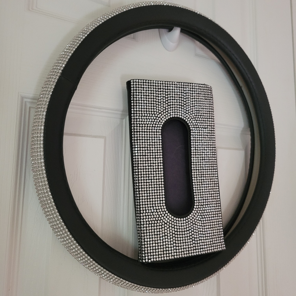 Bundle: Bling Steering Wheel Cover and Visor Tissue Holder